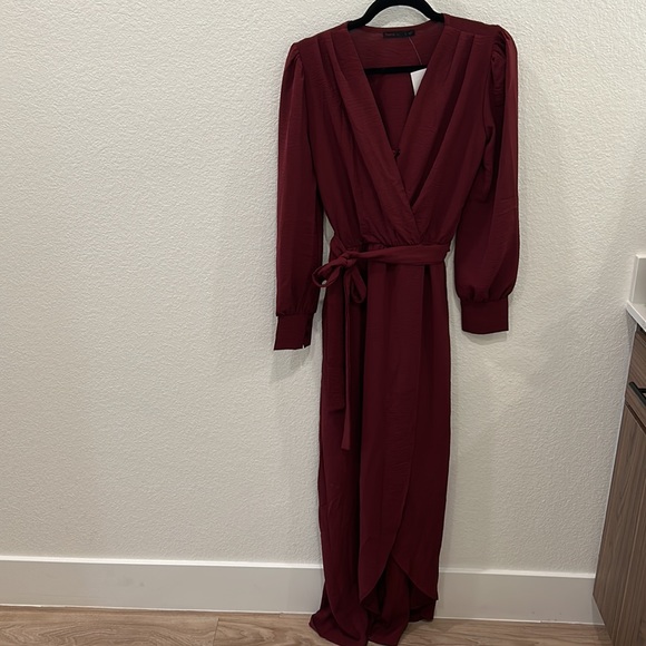 Fraiche by J Wrap Long Sleeve Dress Burgundy Small - Picture 2 of 6